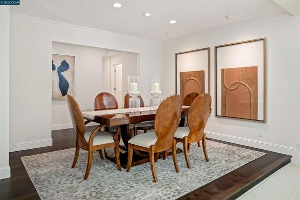 Dining room, Interior, Recessed Lighting, Wood Texture Flooring