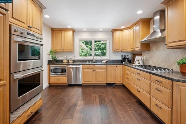 Interior, Kitchen, Recessed Lighting, Stainless Steel Appliances, Wood Texture Flooring