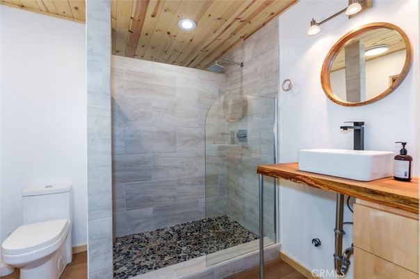 Bathroom, Glass Shower, Interior, Recessed Lighting, Wooden Ceilings