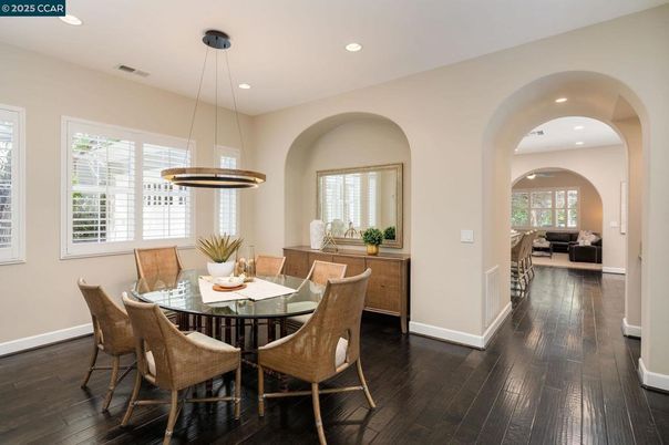 Dining room, Interior, Pendant Lights, Recessed Lighting, Wood Texture Flooring