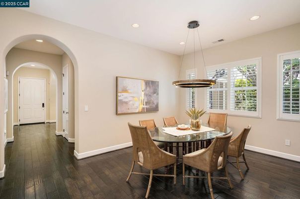 Dining room, Interior, Pendant Lights, Recessed Lighting, Wood Texture Flooring