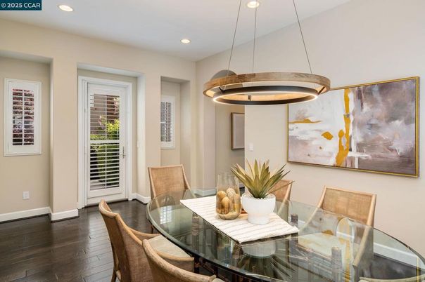 Dining room, Interior, Pendant Lights, Recessed Lighting, Wood Texture Flooring