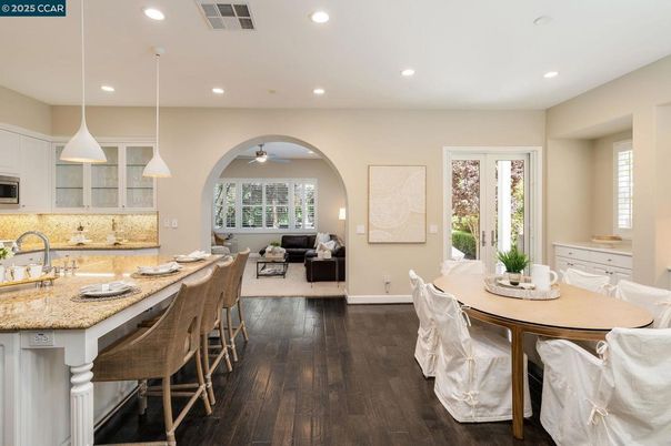 Dining room, Interior, Kitchen, Living room, Pendant Lights, Recessed Lighting, Wood Texture Flooring