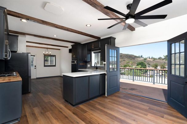 Interior, Kitchen, Pendant Lights, Recessed Lighting, Stainless Steel Appliances, Wooden Beams, Wood Texture Flooring
