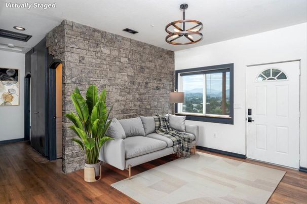 Interior, Pendant Lights, Recessed Lighting, Stone Walls, Wood Texture Flooring
