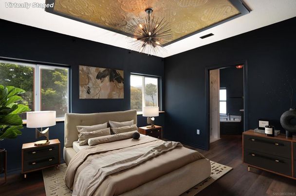 Bedroom, Interior, Pendant Lights, Wood Texture Flooring