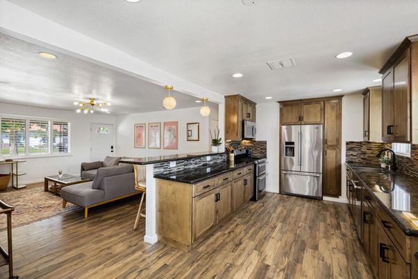 Interior, Kitchen, Living room, Pendant Lights, Recessed Lighting, Stainless Steel Appliances, Wood Texture Flooring