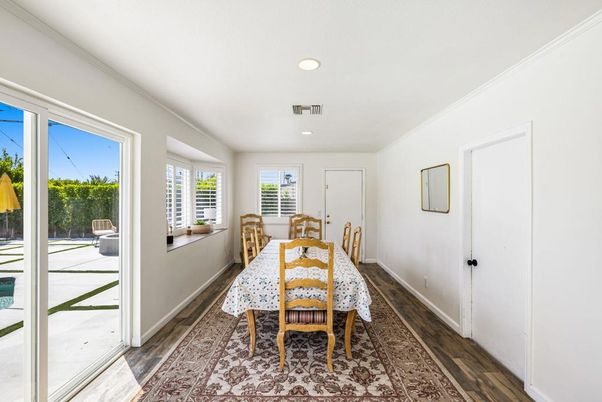 Dining room, Interior, Recessed Lighting, Wood Texture Flooring