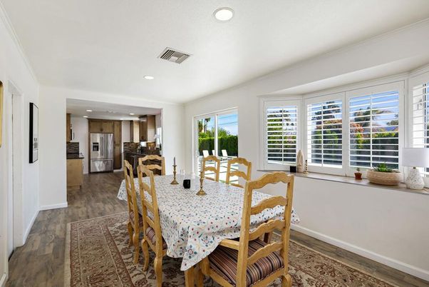Dining room, Interior, Kitchen, Recessed Lighting, Stainless Steel Appliances, Wood Texture Flooring