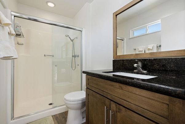 Bathroom, Glass Shower, Interior, Recessed Lighting, Wood Texture Flooring