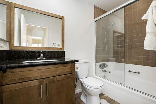 Bathroom, Glass Shower, Interior, Wood Texture Flooring