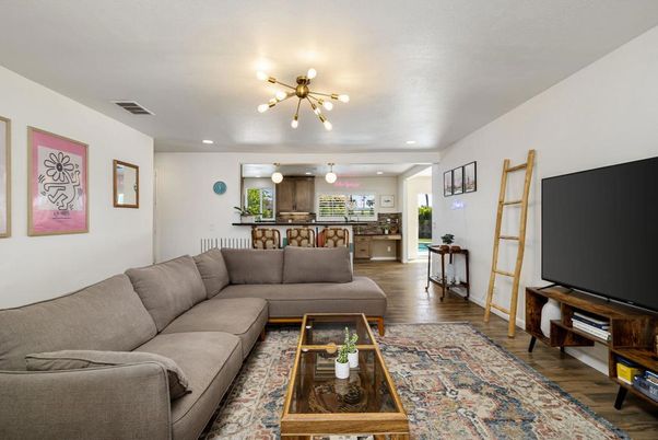 Interior, Kitchen, Living room, Pendant Lights, Recessed Lighting, Wood Texture Flooring