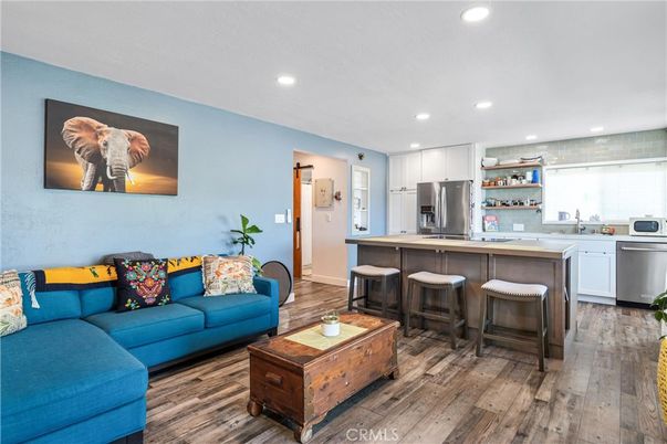Interior, Kitchen, Living room, Recessed Lighting, Stainless Steel Appliances, Wood Texture Flooring