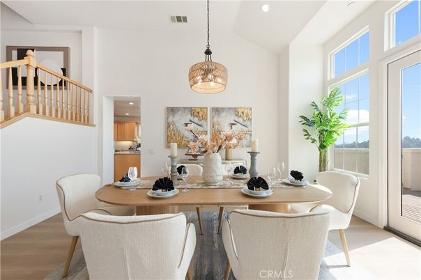 Dining room, Interior, Pendant Lights, Recessed Lighting, Wood Texture Flooring