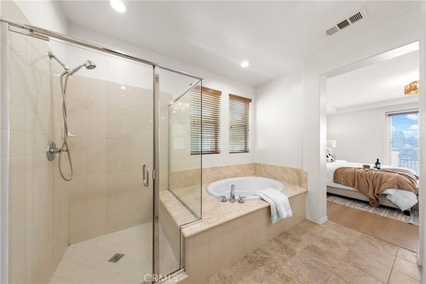Bathroom, Bedroom, Glass Shower, Interior, Recessed Lighting, Wood Texture Flooring