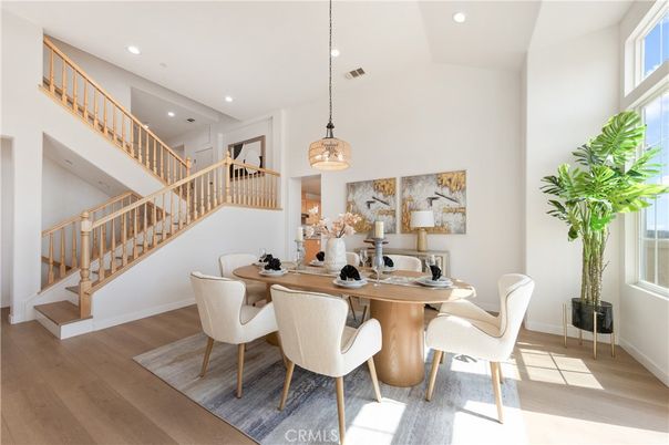 Dining room, Interior, Pendant Lights, Recessed Lighting, Wood Texture Flooring