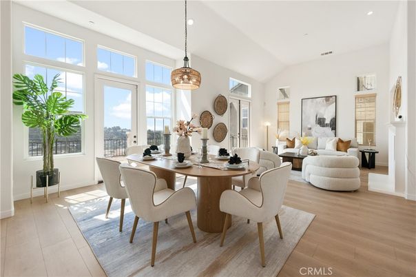 Dining room, Interior, Living room, Pendant Lights, Recessed Lighting, Wood Texture Flooring