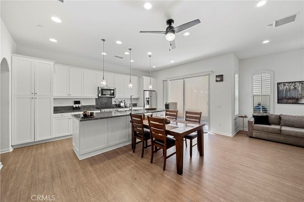 Dining room, Interior, Kitchen, Pendant Lights, Recessed Lighting, Wood Texture Flooring