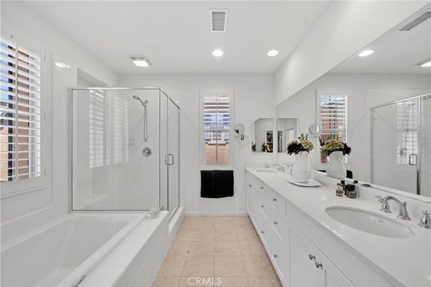 Bathroom, Dual Sink Vanities, Glass Shower, Interior, Recessed Lighting