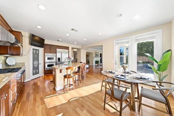 Dining room, Interior, Kitchen, Recessed Lighting, Stainless Steel Appliances, Wood Texture Flooring