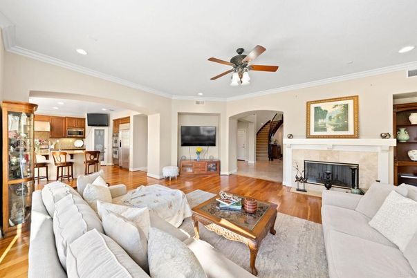 Fireplace, Interior, Kitchen, Living room, Recessed Lighting, Wood Texture Flooring