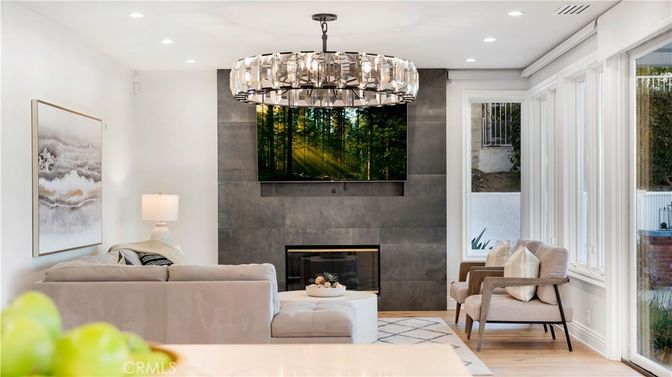 Chandelier, Fireplace, Interior, Living room, Recessed Lighting, Wood Texture Flooring