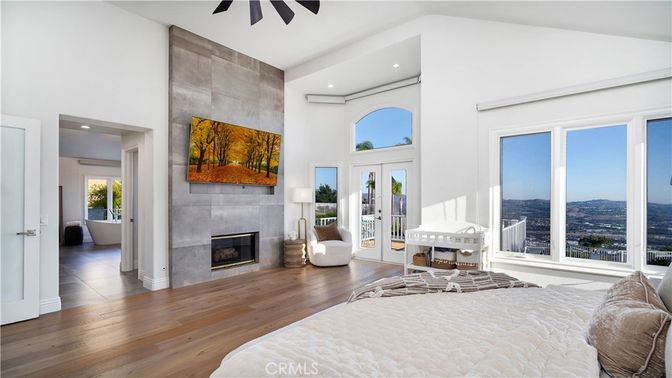 Bedroom, Fireplace, Interior, Recessed Lighting, Wood Texture Flooring