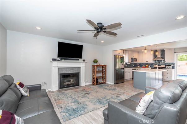 Fireplace, Interior, Kitchen, Living room, Pendant Lights, Recessed Lighting, Wood Texture Flooring