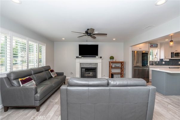 Fireplace, Interior, Kitchen, Living room, Pendant Lights, Recessed Lighting, Wood Texture Flooring