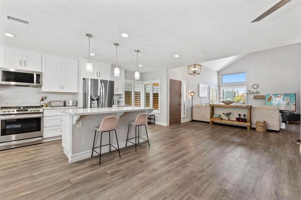 Interior, Kitchen, Pendant Lights, Recessed Lighting, Stainless Steel Appliances, Wood Texture Flooring