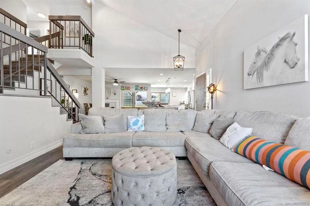 Interior, Living room, Pendant Lights, Recessed Lighting, Wood Texture Flooring