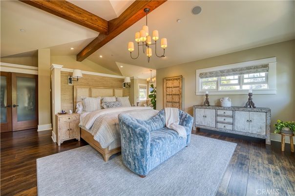 Bedroom, Chandelier, Interior, Recessed Lighting, Wooden Beams, Wood Texture Flooring