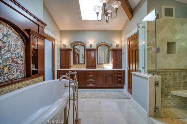 Bathroom, Dual Sink Vanities, Glass Shower, Interior, Wooden Beams