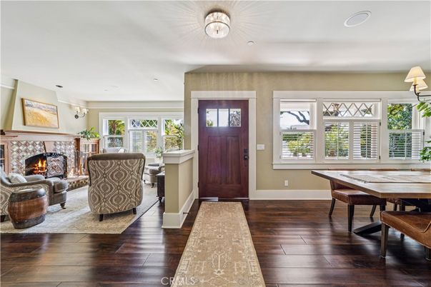 Dining room, Fireplace, Interior, Living room, Recessed Lighting, Wood Texture Flooring