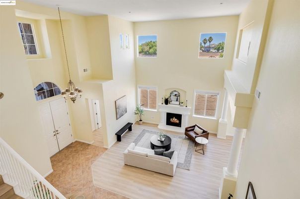 Fireplace, Interior, Living room, Pendant Lights, Wood Texture Flooring