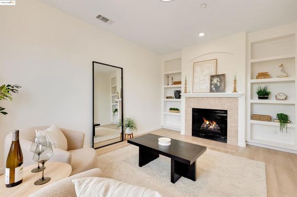 Fireplace, Interior, Living room, Recessed Lighting, Wood Texture Flooring
