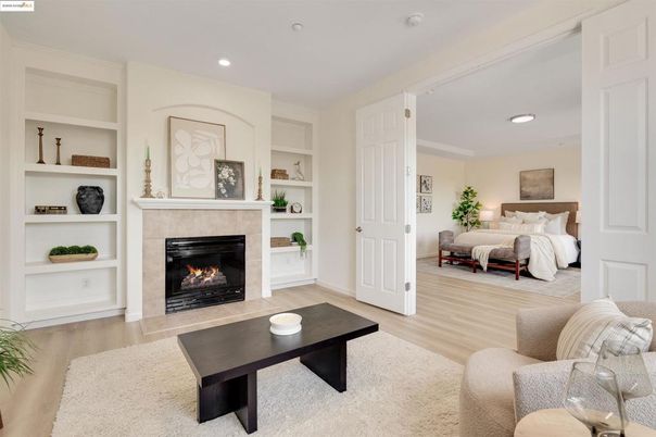 Bedroom, Fireplace, Interior, Recessed Lighting, Wood Texture Flooring