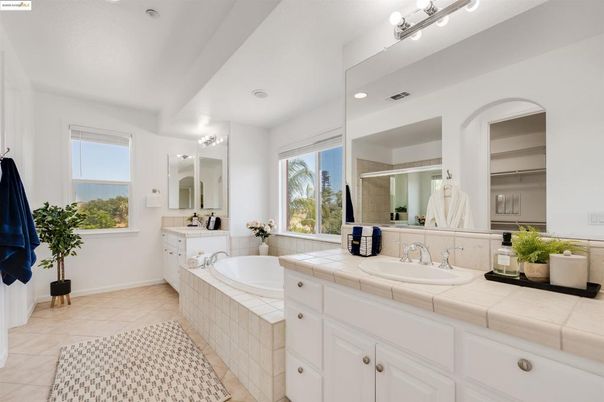 Bathroom, Dual Sink Vanities, Interior, Recessed Lighting, Tile Countertops
