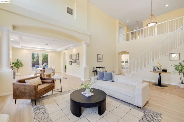 Dining room, Interior, Living room, Pendant Lights, Recessed Lighting, Wood Texture Flooring