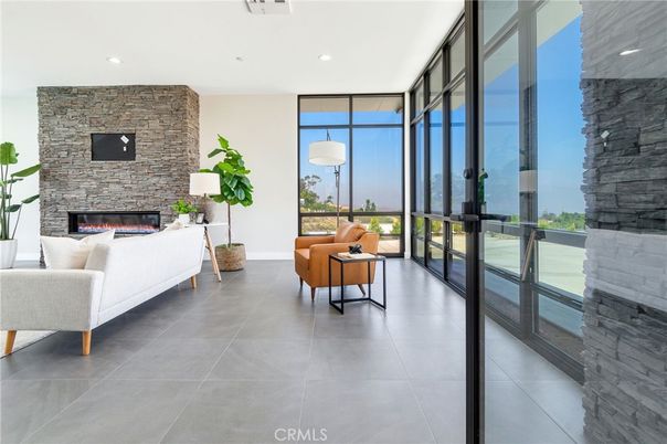 Fireplace, Interior, Living room, Recessed Lighting, Stone Walls