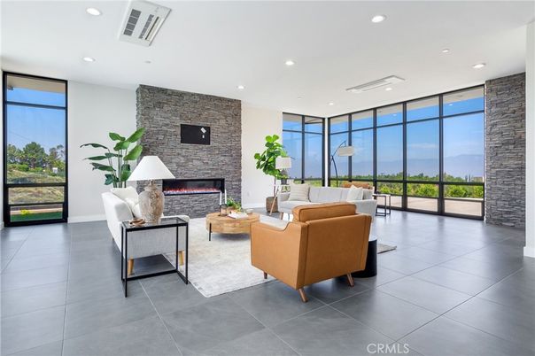 Fireplace, Interior, Living room, Recessed Lighting, Stone Walls