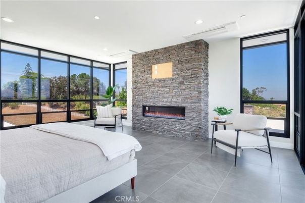 Bedroom, Fireplace, Interior, Recessed Lighting, Stone Walls