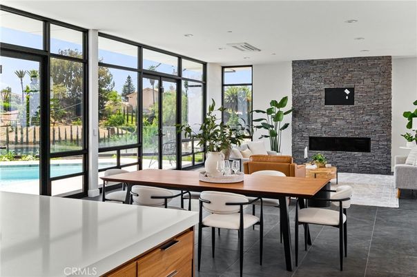 Dining room, Fireplace, Interior, Recessed Lighting, Stone Walls