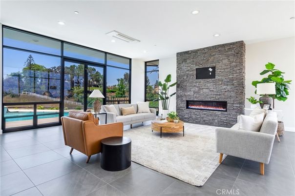 Fireplace, Interior, Living room, Recessed Lighting, Stone Walls