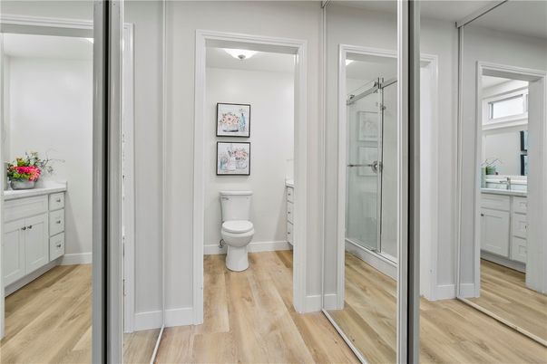 Bathroom, Glass Shower, Interior, Wood Texture Flooring