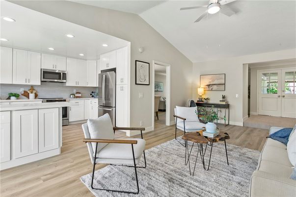 Interior, Kitchen, Living room, Recessed Lighting, Stainless Steel Appliances, Wood Texture Flooring