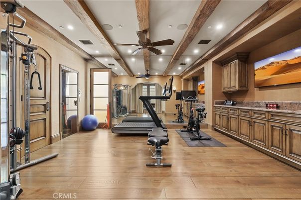 Fitness Equipment, Interior, Recessed Lighting, Wooden Beams, Wood Texture Flooring