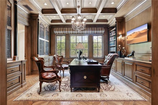 Chandelier, Home Office, Interior, Recessed Lighting, Wooden Beams, Wood Texture Flooring, Wooden Walls