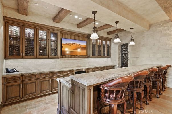 Interior, Kitchen, Pendant Lights, Recessed Lighting, Stone Walls, Wooden Beams