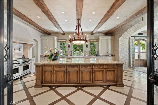 Chandelier, Interior, Kitchen, Recessed Lighting, Stainless Steel Appliances, Wooden Beams
